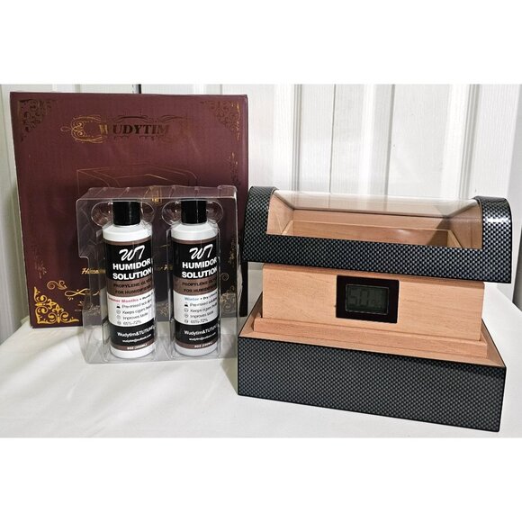Wudytim Cigar Humidor Spanish Cedar Digital Hygrometer Box Glossy Torch Lighter - Picture 1 of 12